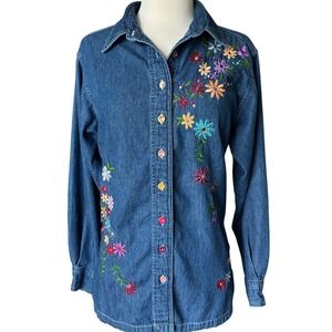 VTG Floral Embroidered Denim Button Down Shirt M Boho Cottagecore Coloful Fun
